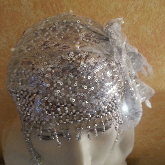 Silver Gatsby Fringe Bead Lace Crystal Headpiece main image 5